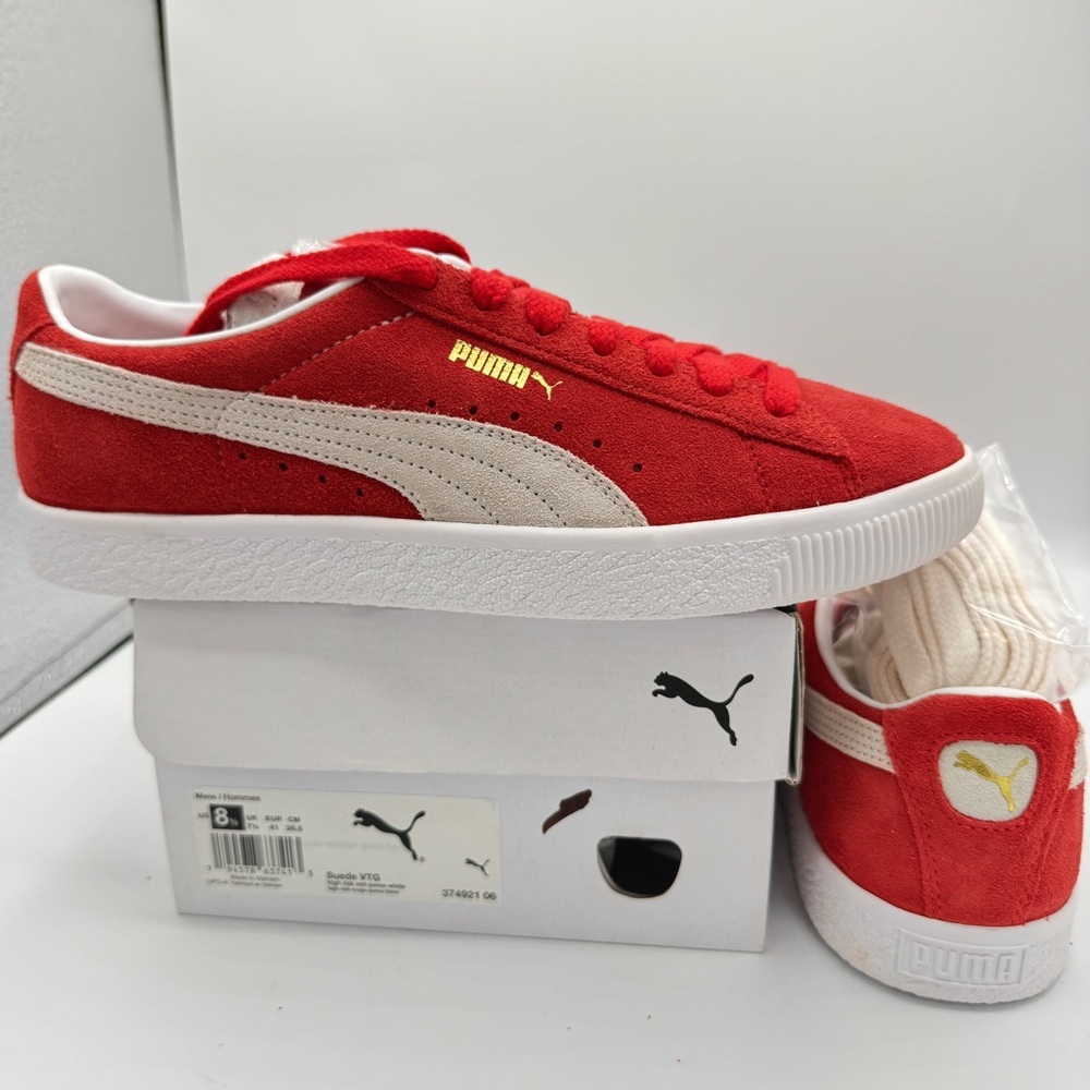 NWT Puma Suede VTG Textured Leather Sneakers , extra laces , high risk red white - Picture 15 of 16